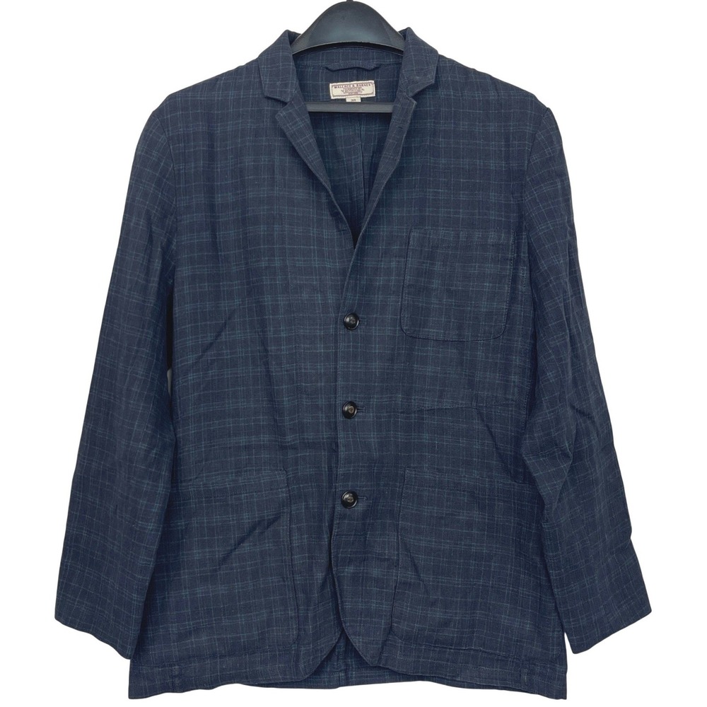 Wallace & Barnes Mens 36R Linen Blend Blazer Chore Jacket Navy Blue Plaid J Crew